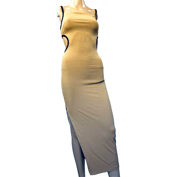 Micas Long Dress Women XS Tan Bodycon Knitted Side Slit Backless Tie Up - Picture 1 of 13